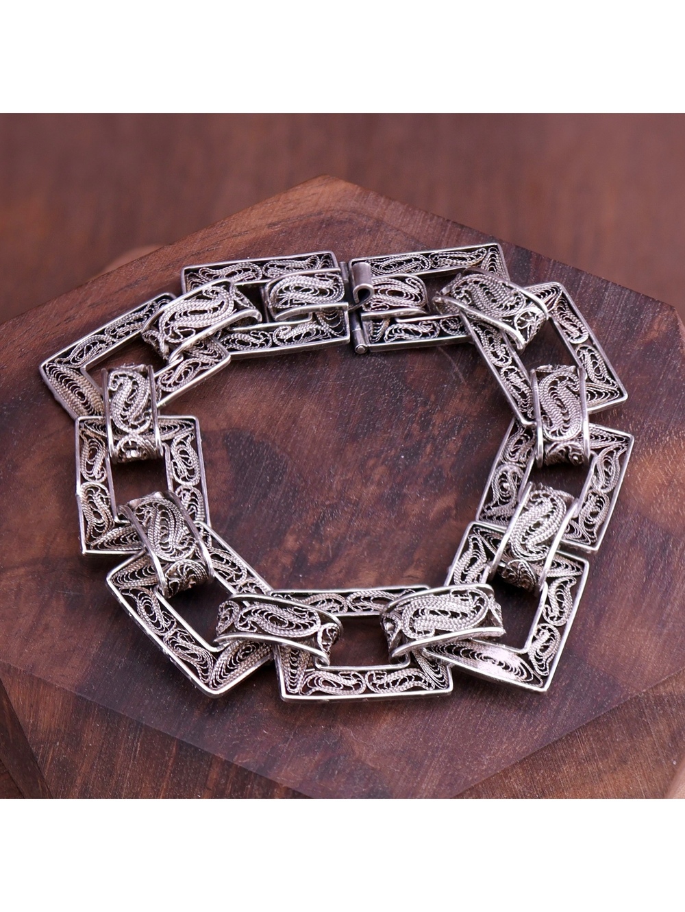 Vintage Mid-Century Sterling Silver Filigree Panel Link Bracelet 19.3g